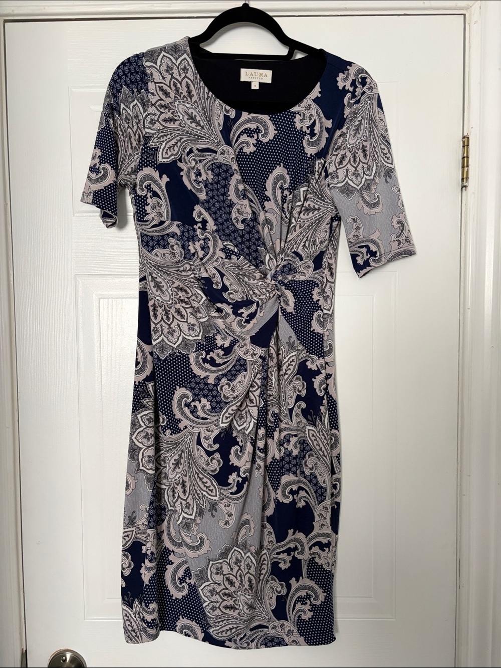 Laura Navy and Gray Paisley Twist-Front Midi Dress- 8